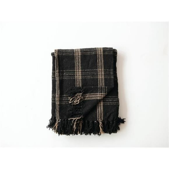 Plaid woven cotton throw blanket black tan fringe farmhouse rustic home decor 60 - Picture 3 of 8
